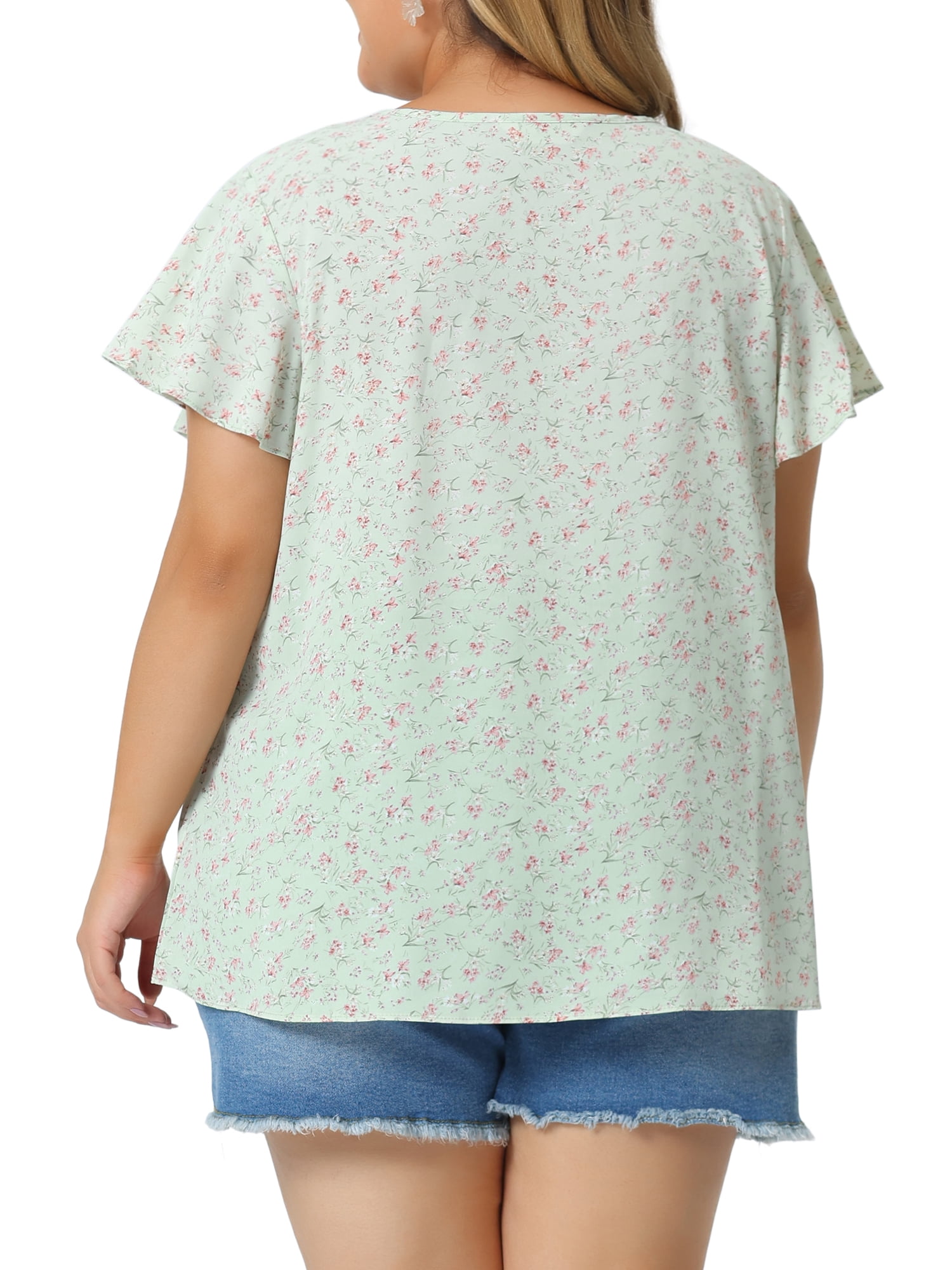 DARING DIVA Women's Plus Ruffle Short Sleeve Keyhole Chiffon Blouse L Light Green