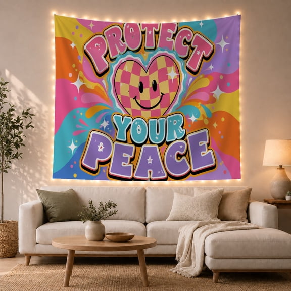 Smiling Checkered Heart Among Rainbow Swirls, Playful Retro for Self-Care Enthusiasts, Motivational Wall Art, Housewarming Gift, Tapestry Wall Hanging for Bedroom and Dorm