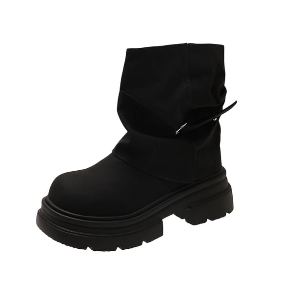 hopeusnice Slouchy Buckle Mid Calf Boot Round Toe Chunky Sole On Design Street Style Boot Black 35
