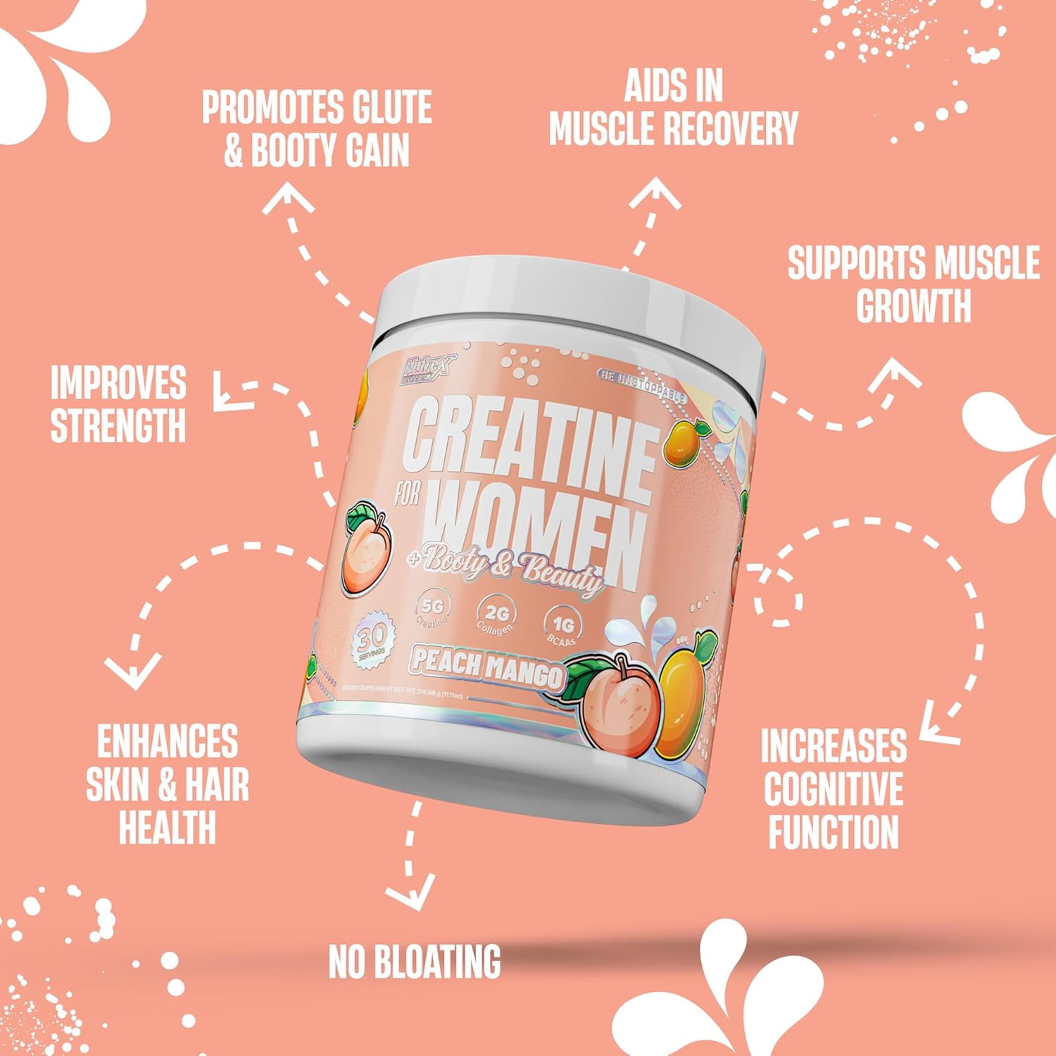 Creatine for Women Booty & Beauty – Peach Mango | 5g Creatine, 2g Collagen, BCAAs & Hyaluronic Acid for Glutes, Strength & Skin Nutrex Research 30 Servings