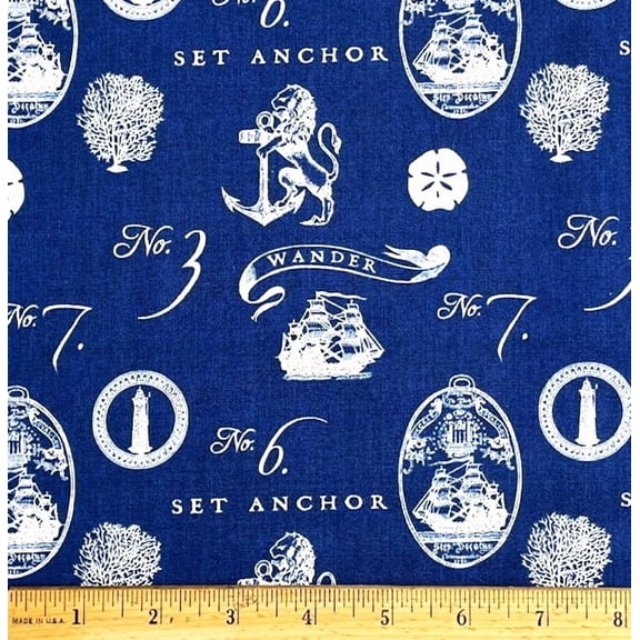 1 Fat Quarter - Nautical Boat Anchor Sailboat on Navy Blue Sue Schlabach Cotton Fabric - 21" X 18"