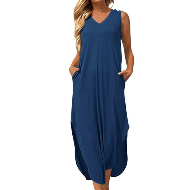 Vestido largo de chaleco de bolsillo para mujer con cuello en V sólido sin mangas a la moda de mujer sexy Pompotops ghjkhdj7540