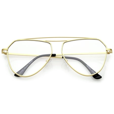 sunglassLA - Modern Matte Metal Frame Double Nose Bridge Clear Flat Lens Aviator Eyeglasses 52mm (Gold / Clear) - (Best Glasses For Flat Nose Bridge)