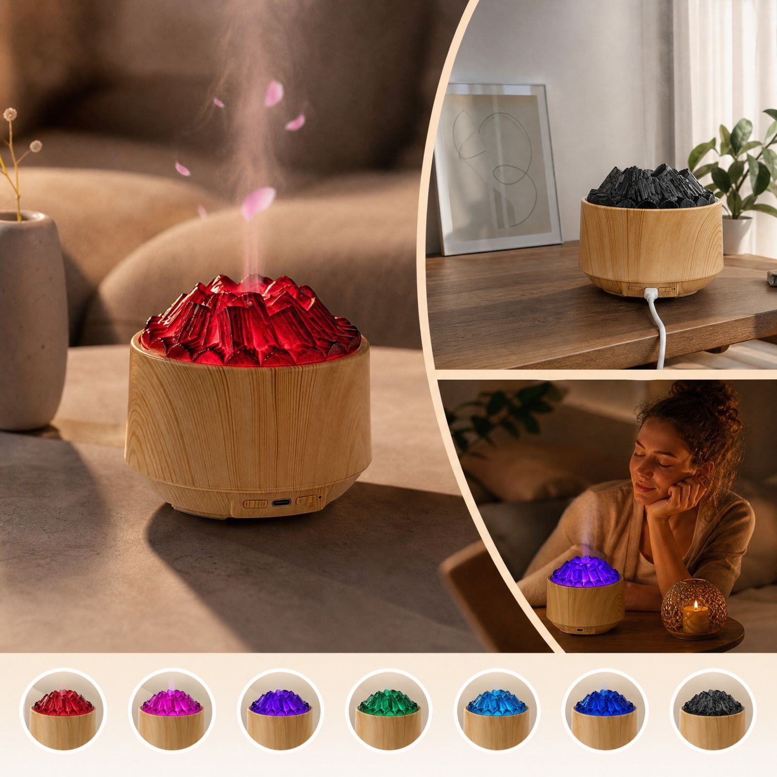 Wood Grain Essential Oil Diffuser 300ml Ultrasonic Aroma Diffuser with 7 Color Ambient Light Type C Powered Humidifier with Timer and Auto Shut Off for Home Desktop Bedroom