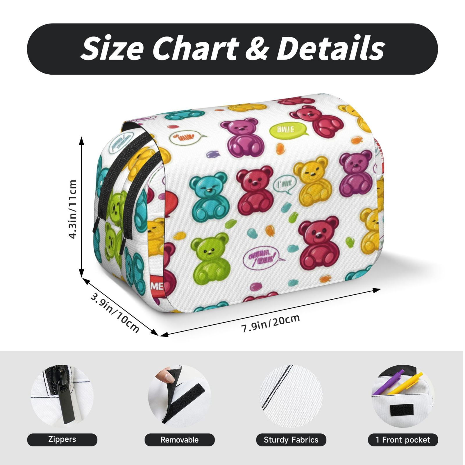 Large-Capacity Flip-Top Double-Layer Pencil Case, Multi-Functional Pocket Pen Case, Durable Stationery Organizer Colorful Gummy Bears Candies Jelly Sweets