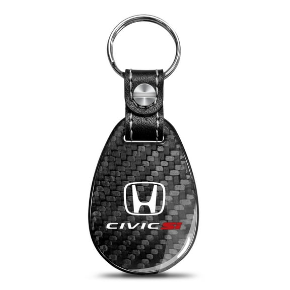 Honda Civic Si Real Black Carbon Fiber with Leather Strap Large Tear Drop Key Chain
