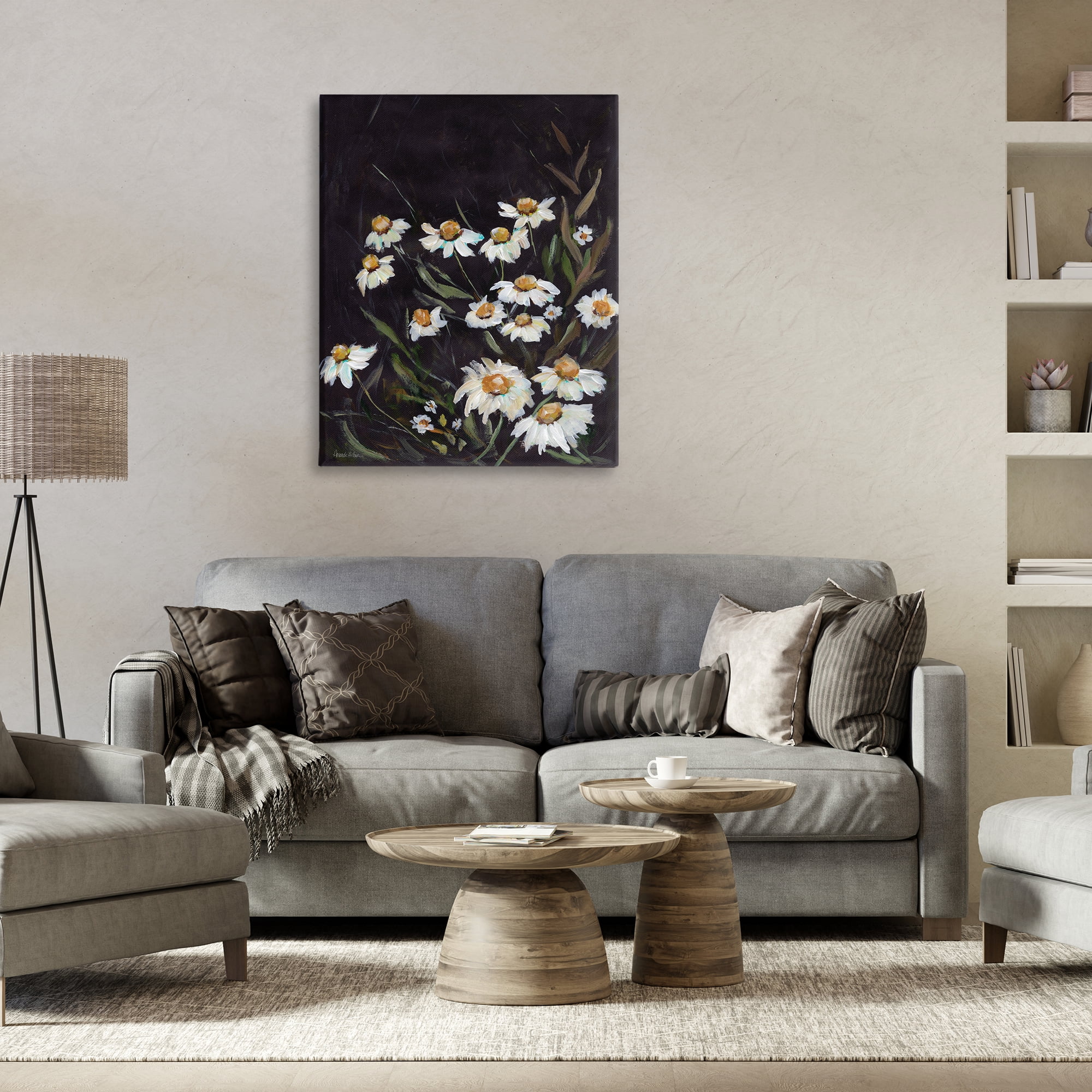 Stupell Industries Daisies on Black Botanical & Floral Painting Gallery Wrapped Canvas Art Print Wall Art, 30 x 40
