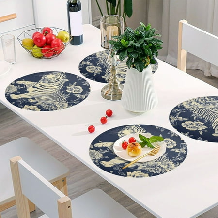 

Round Grid Placemat One Sizex6 Round Placemat PVC Plate Mat，15.4 Inch Non-Slip and Heat Resistant Table Placemat Dining Room Placemat Blue Flowers and Tigers