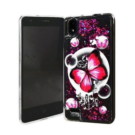 For ZTE Z1 Gabb Wireless Liquid Glitter Cover Phone Case - Pink Butterfly