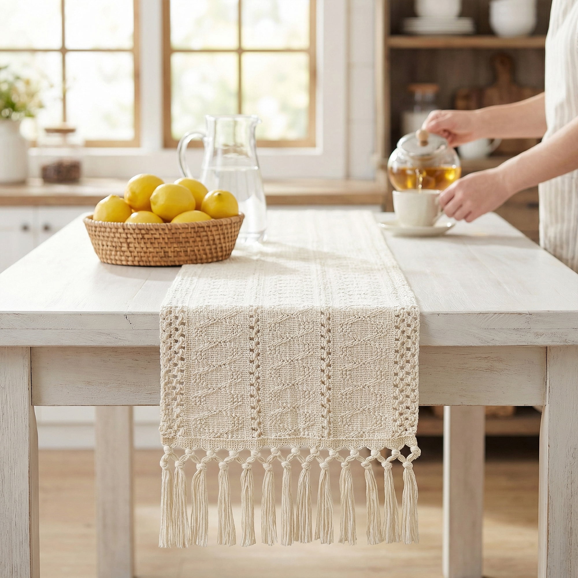 Unique Bargains Kitchen Decor Table Runner with Tassel Three hollowed 11.8x70.9in