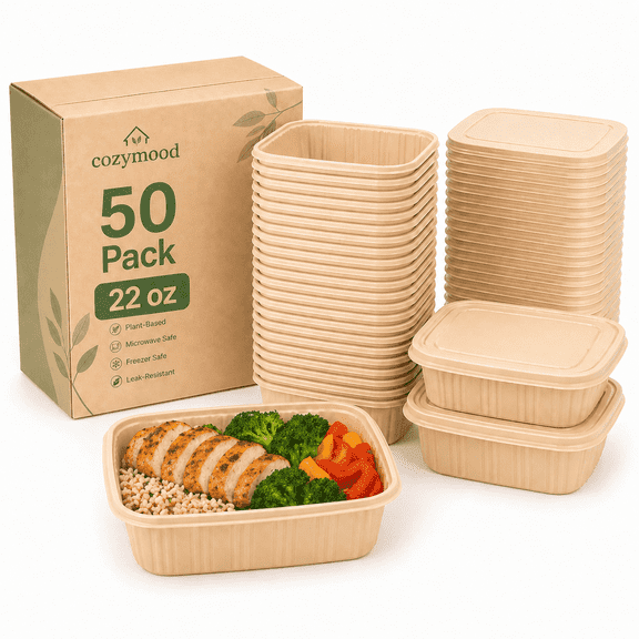 Cozymood 22oz Meal Prep Containers 50 Pack Reusable Cornstarch Plant-based Lunch Box BPA Free Small Plastic Disposable Take Out Boxes for Salad Microwave & Freezer Safe