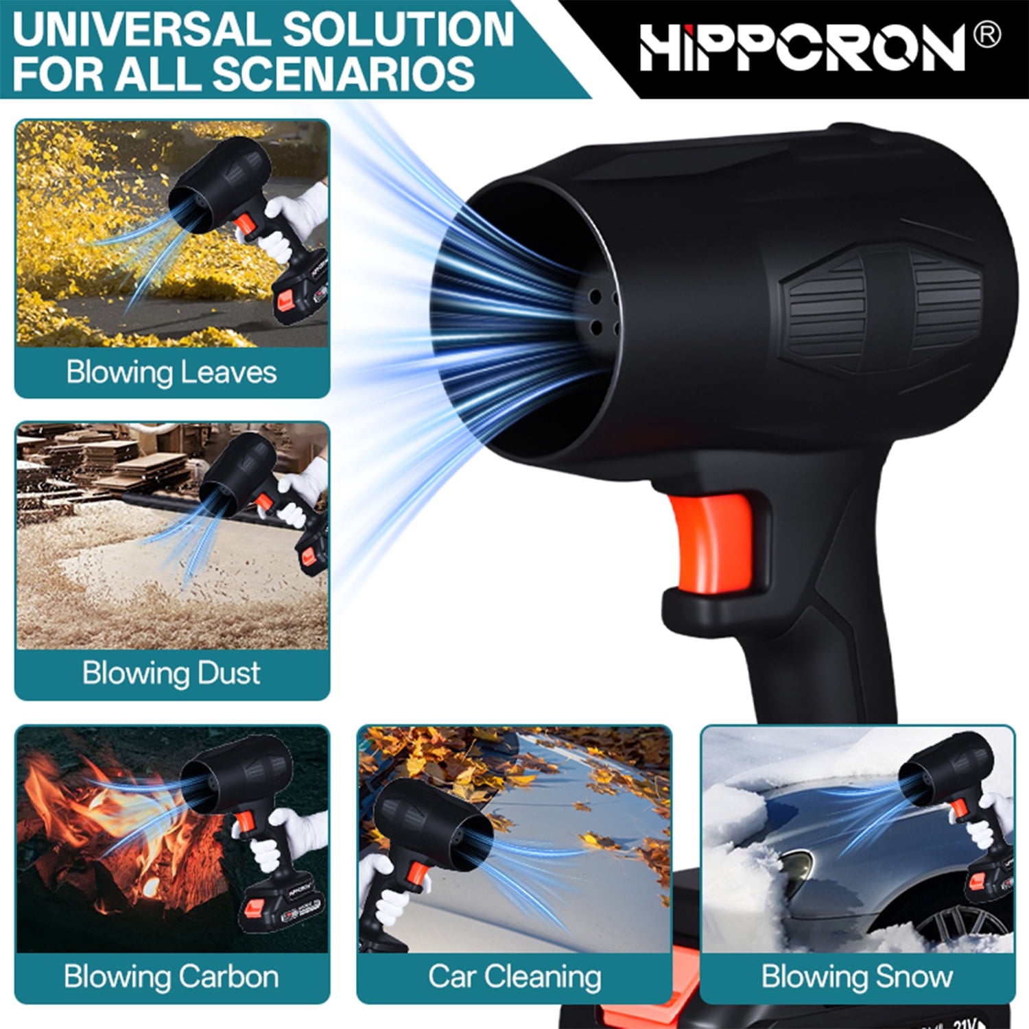 HIPPCRON 21V Cordless Leaf Blower, 30000RPM High-Speed Motor, One 1500mAh Battery, USB Charging, Safety Kit with Gloves, Goggles and Earplugs