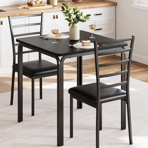 Jojoka 3 Piece Dining Set for 2, Table and 2 PU Leather Upholstered Chairs, Wood Top Breakfast Dinette for Small Space, Kitchen, Apartment, Dining Room, Rustic Black (Metal Seat Back)