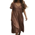 thumbnail image 3 of Summer Dresses for Women Short Sleeve Cre W Neck Cotton Linen Boho Dresses Button Solid Color Causal Loose Beach Vacation Maxi Dresses with Pockets, 3 of 7