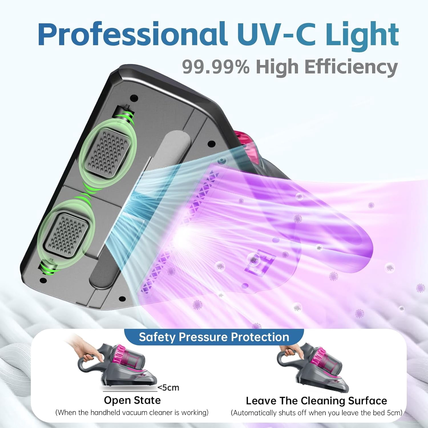 Oenbopo Mattress Vacuum Cleaner Cordless, UV Bed Vacuum Cleaner 10Kpa High Frequency Double Beat Low Noise, 3-in-1 Handheld Vacuum for Bed, Mattress, Pillow, Sofa Cleaning