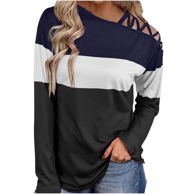 Blusas Con Hombros Descubiertos Para Mujer, Manga Larga, Tira Cruzada, Túnica de Bloque de Color A Cuadros Odeerbi ODB183823