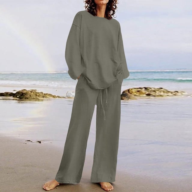 Two Piece Outfits For Women Going Out ZVAVZ Lady Solid Color Fall Outfits Crewneck Long Sleeve Pullover Lightweight Loose Pants Tracksuit Sweatsuits 2Pcs Sets Womens