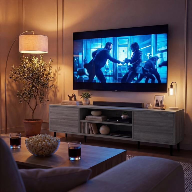 Vineego TV Stand for 70 Inch TV with 2 Push-to-Open Doors, Mid-Century Modern Media Console with Open Shelves, Entertainment Center for Living Room Bedroom, Gray