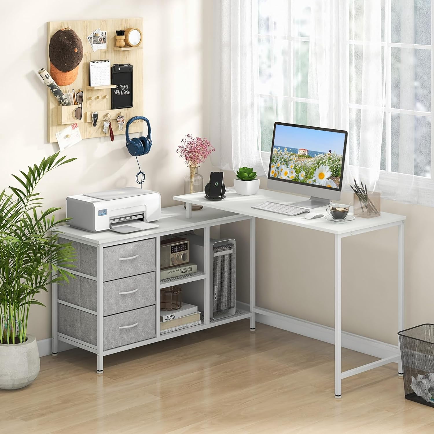 HJTER L Shaped Computer Desk with Drawers, 81" Convertible Corner Desk with Charging Station and Storage Shelves, Study Writing Desk, Modern Long Corner Gaming Table for Home Office (White)