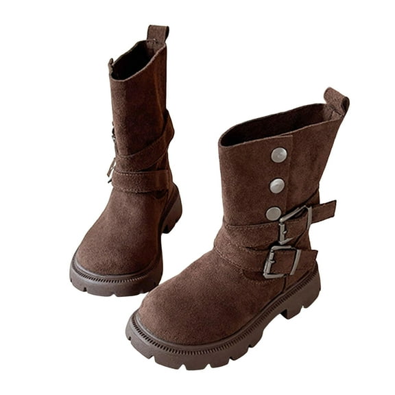 Girls Suede Riding Booties Fashion Western Buckle Straps Mid Calf Boots with Button Lug Sole Low Heel Fall Winter Ankle Boots Coffee 8.5 Toddler