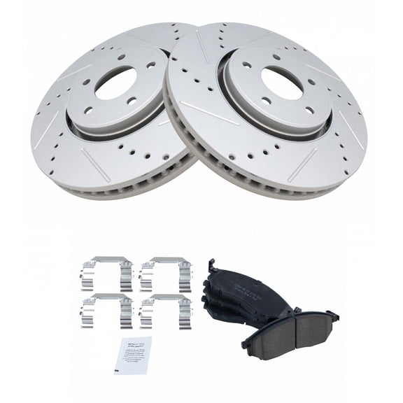 TRQ Front Performance Brake Pad & Rotor Kit Brake Pads Brake Rotors Set Ceramic Vented Premium G-Coated Fits Select 2005-2012 INFINITI FX35 2013 FX37 2005-2008 FX45 2014 QX70