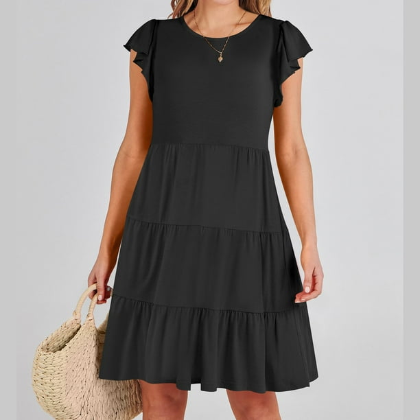 Puntoco Vestido De Manga Corta De Verano De Color Sólido Para Mujer Negro Xl,Regalos Para Mujer Joven