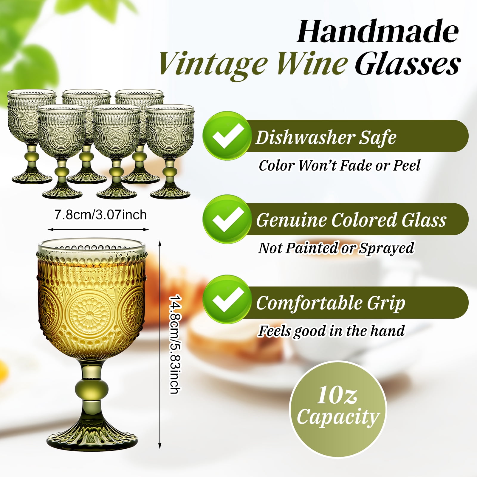 10 Oz Glass Wine Glasses, Set of 6 Stemmed Small Wine Glasses, 300ml Vintage Sunflower Cups, Green