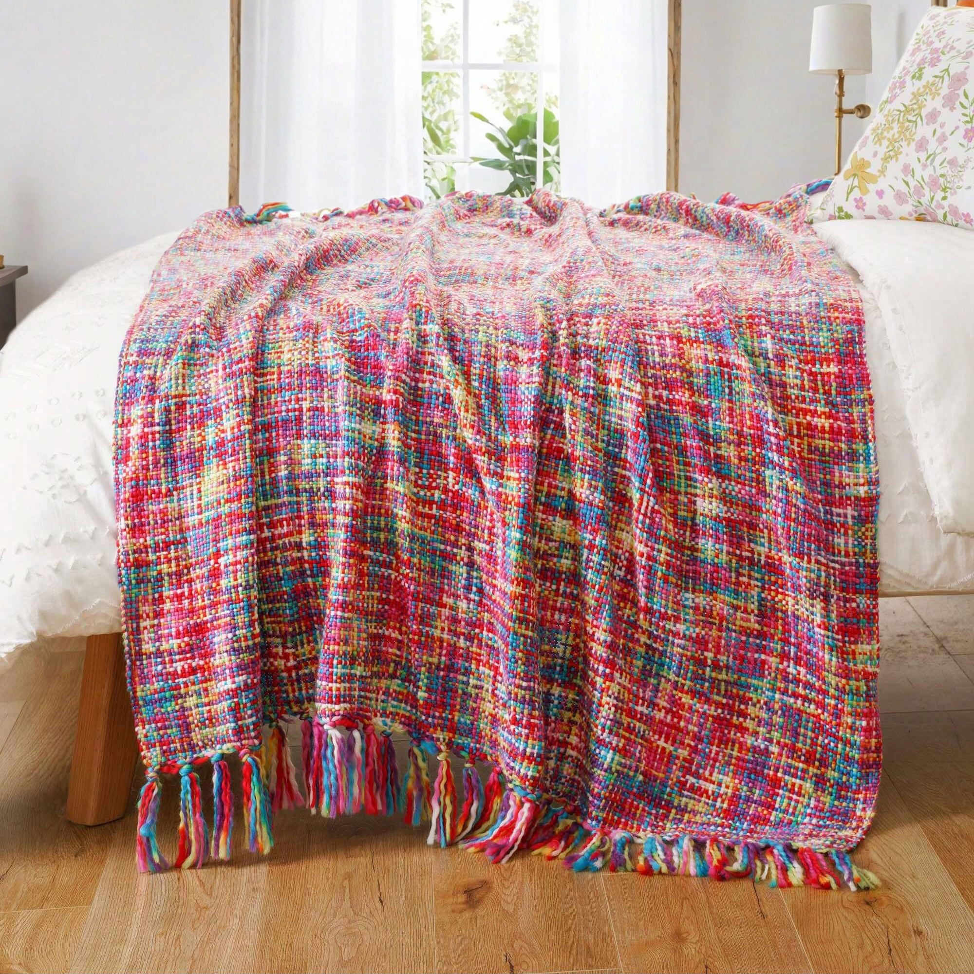 Colorful Throw Blanket with Tassels, Boho Knit Throw Blankets for Couch,Living Room,50"x60"