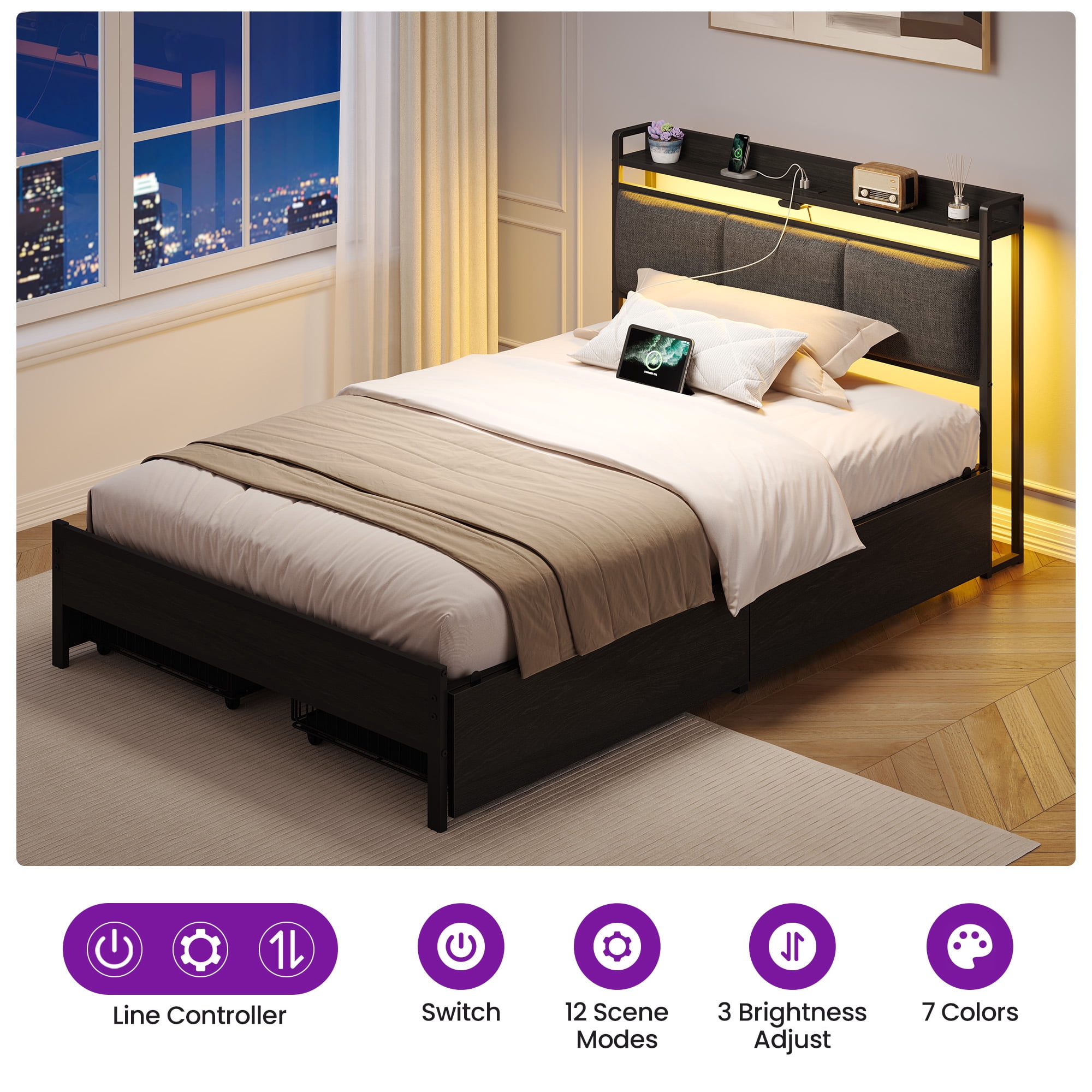 Greenstell Twin Size Bed Frame with Storage Headboard, LED Lights, Charging Station, 4 Drawers, Heavy-Duty Metal Platform Bed with USB & Type-C Ports,Dark Gray
