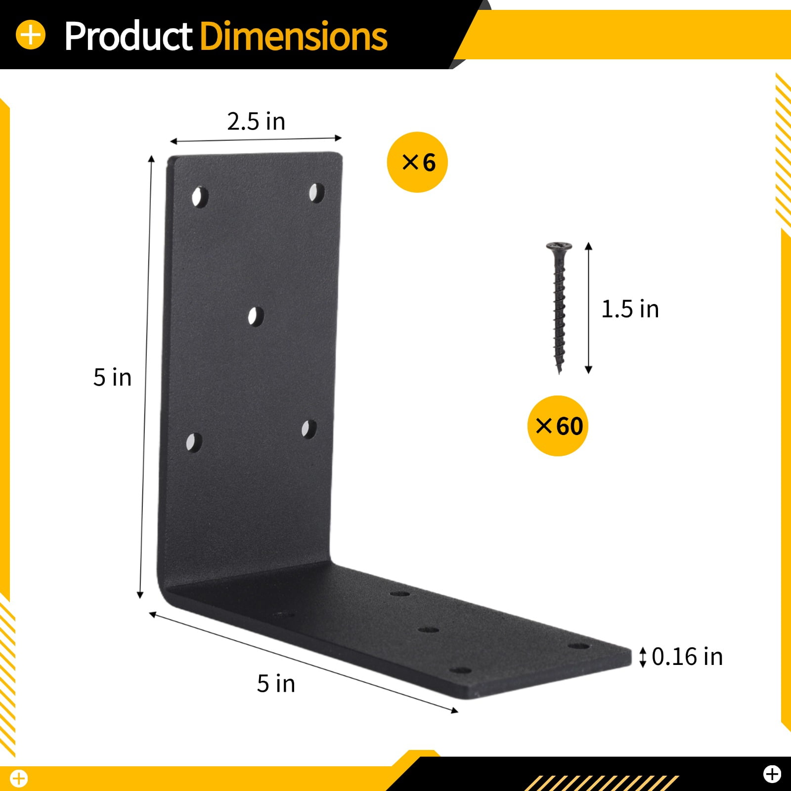 6 PCS Heavy Duty Shelf Brackets, 5 x 5 x 2.5 in L-Shaped Metal Support Bracket, Galvanized Metal Support for DIY Floating Shelves, Anti-Sag Corner Brace Bracket with Screws