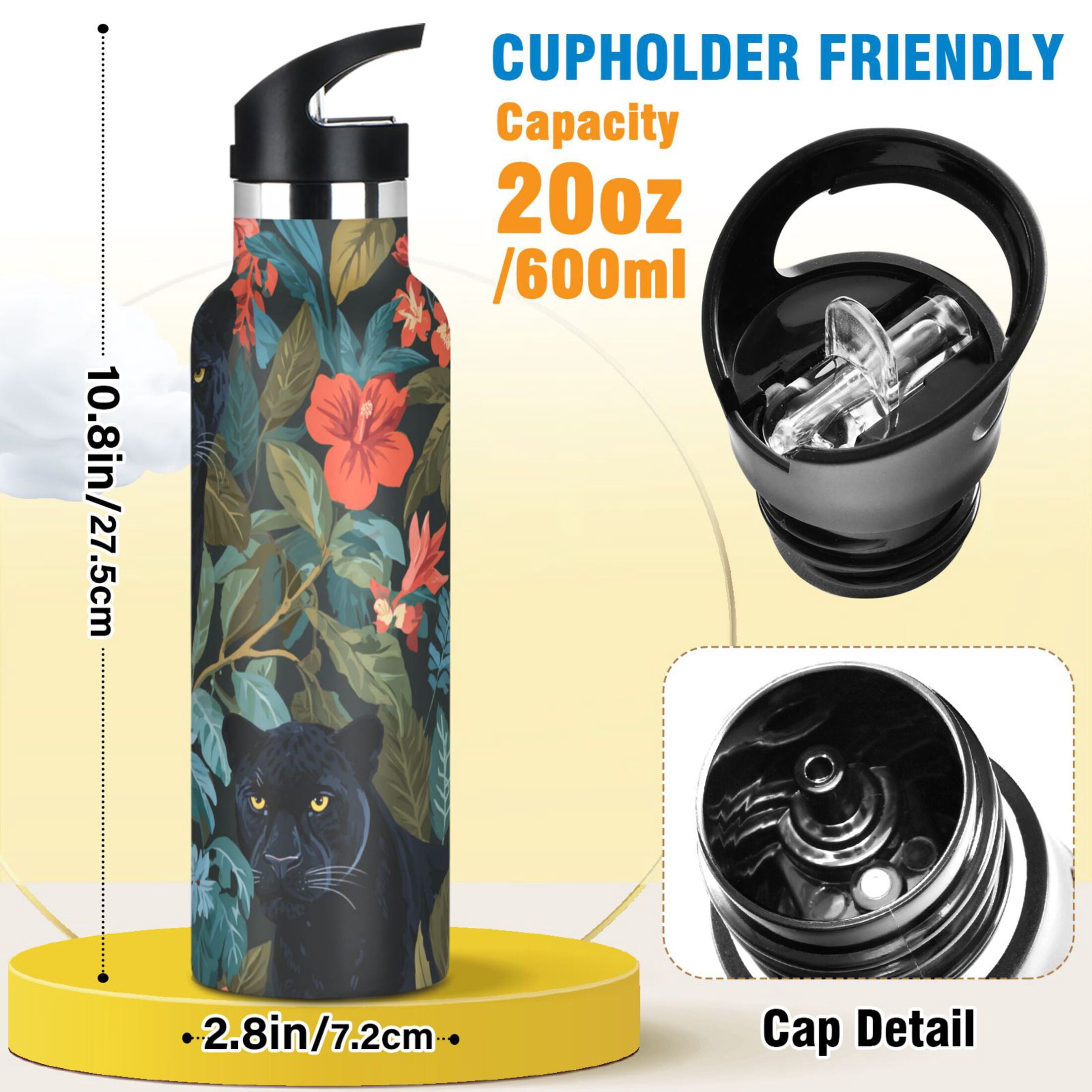 Kids Insulated Stainless Steel Sports Water Bottle 600ml (20oz) Black Leopard in The Jungle