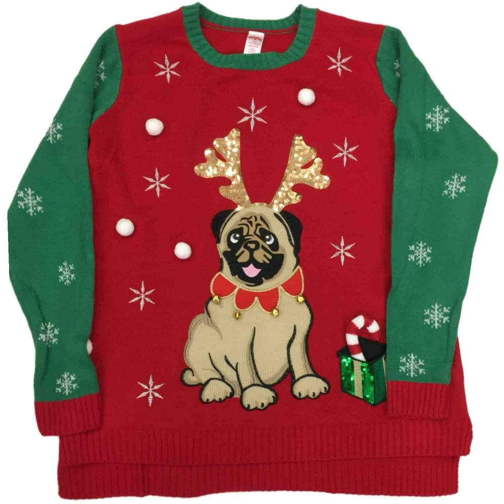 Holiday Womens Pug With Antlers Knit Sweater Sequin Christmas Puppy