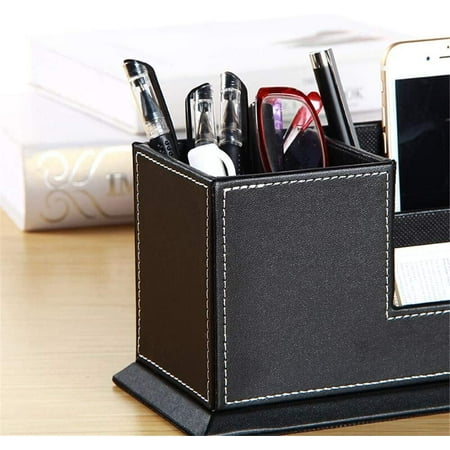 Pu Leather 4 Compartments Pen Holder, Black Pencil Organizer Cup For ...