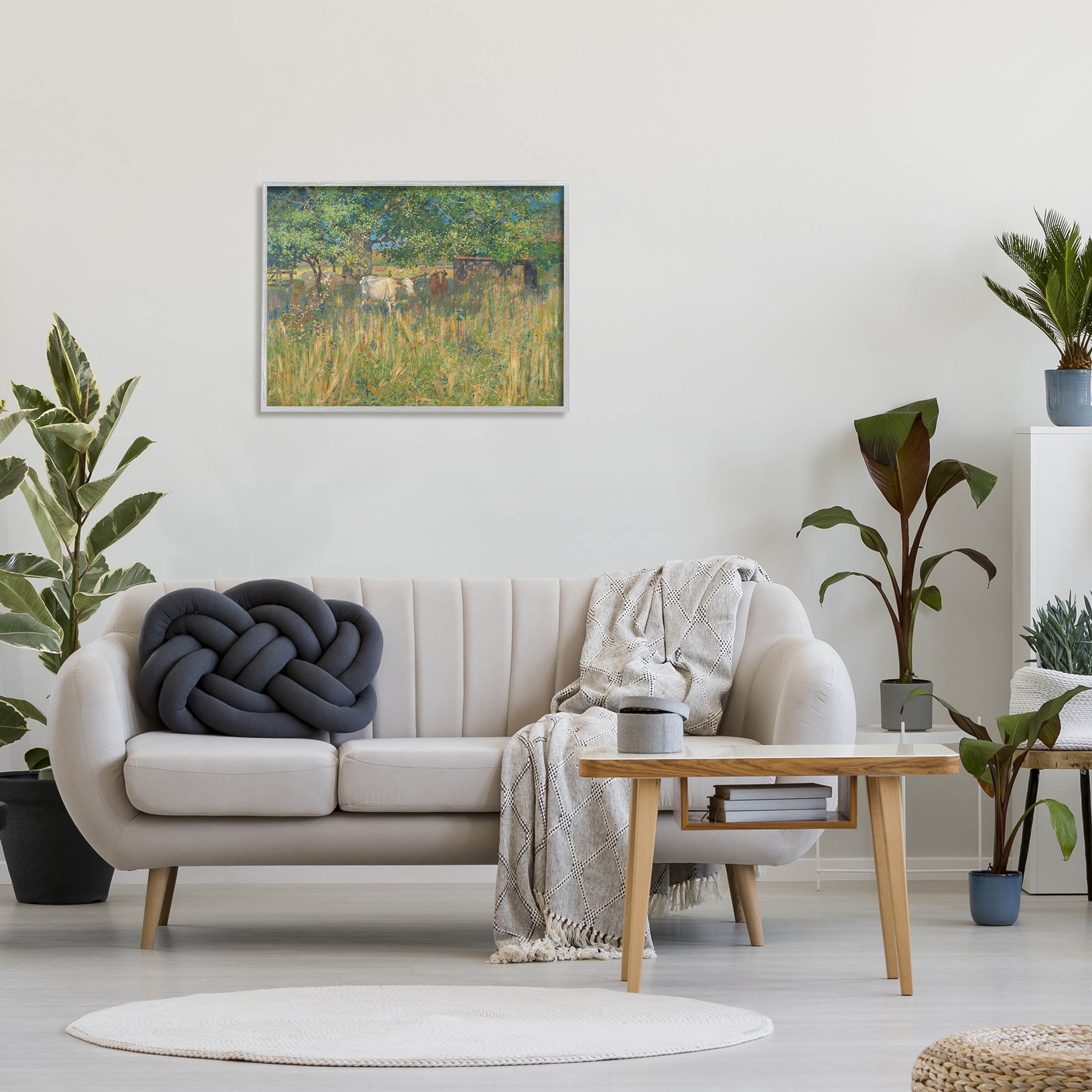 Cattle Grazing Grassland Pasture Landscape Painting Gray Framed Art Print Wall Art