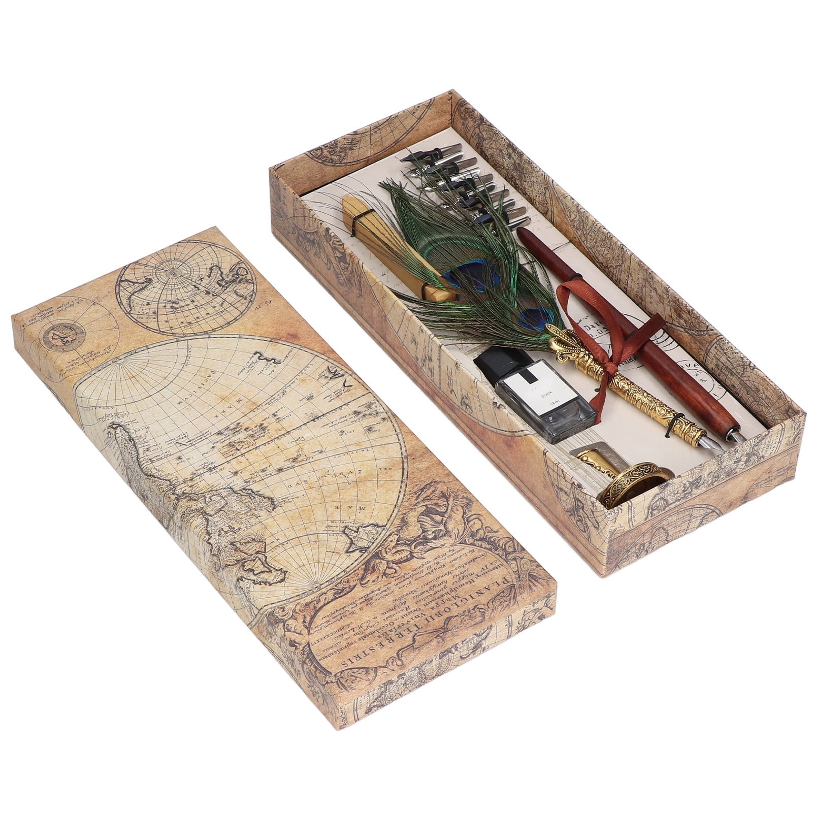 BIMZUC Feather Pen Exquisite Pattern Quaint Texture Comfortable Grip Stainless Steel Nib Calligraphy Set (11.4 inches / 29 cm) - Double Peacock