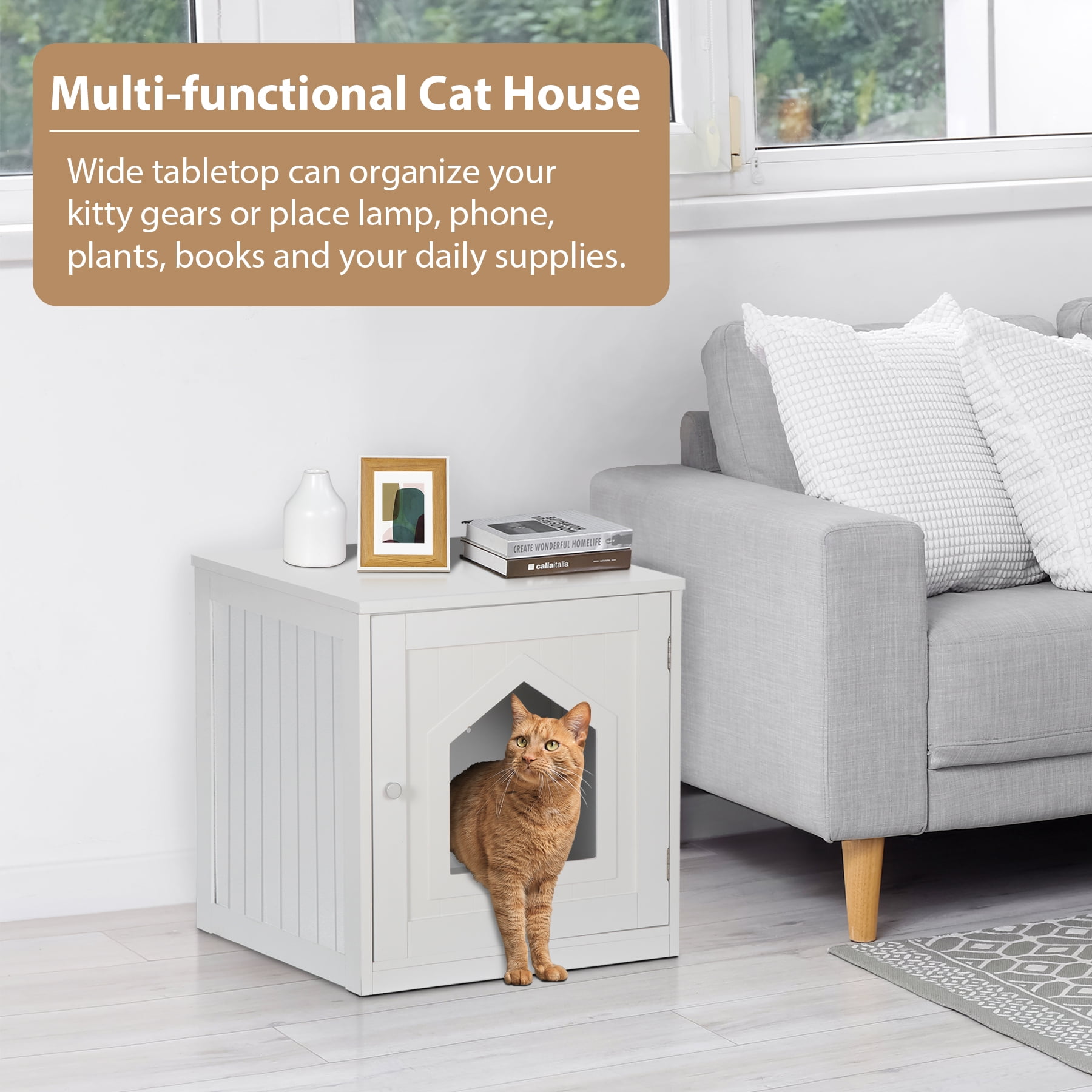 HomGarden 20'' White Cat Washroom Pet House Hidden Litter Box Enclosure & MDF Side Table 18lbs