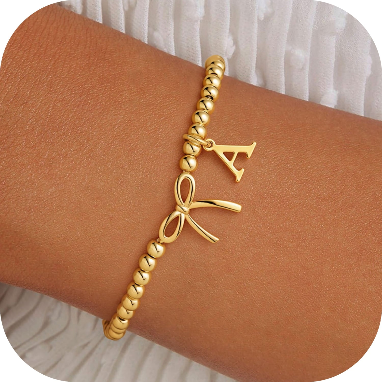 Turandoss Initial Bracelet Beaded Bow Bracelets for Women 14K Gold Plated Letter A Bracelet for Women Trendy Charm Stretch Bracelets Womens Bow Jewelry Personalized Birthday Gifts