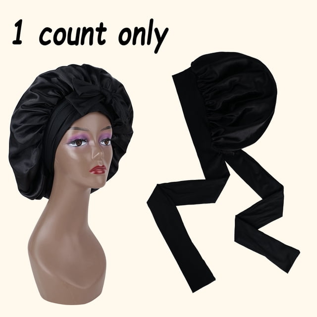 Breathable Shower Cap for Sleeping Adjustable Strap Hair Protector Natural Hair & Wigs Soft Single-Layer Night Bath Cap 1PC Black M