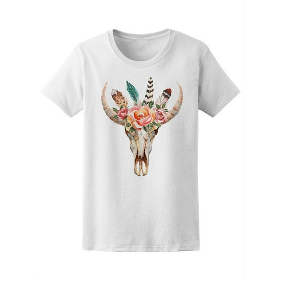 Watercolor Bull Head Flowers T-Shirt Women -Image by Shutterstock, Female Small