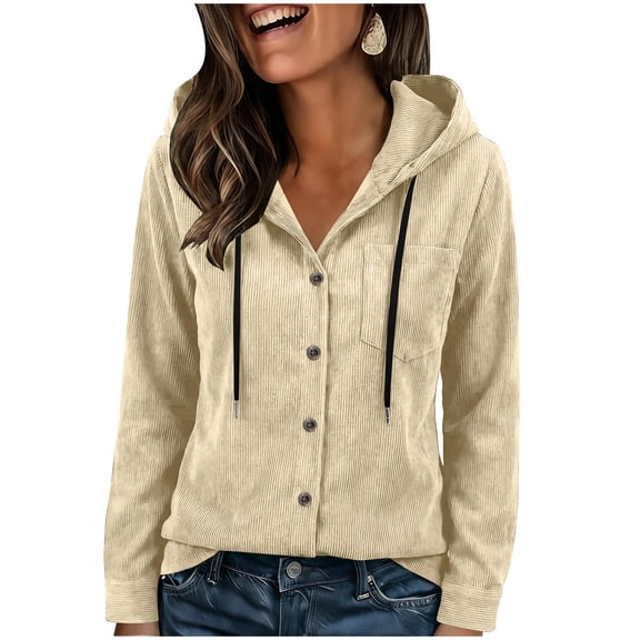 Women's Corduroy Hooded Shacket Button Front Long Sleeve Casual Oversized Jacket with Pockets Beige XXL