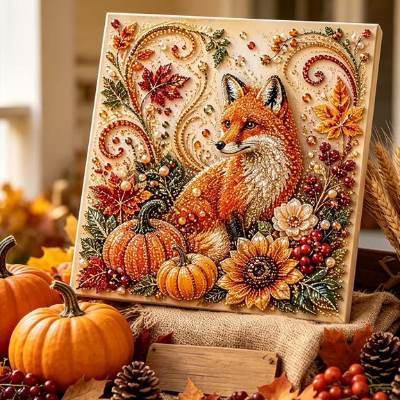 Autumn Pearl Diamond Painting Kit , Thanksgiving Complete Craft Set for Home Wall Table Decor Display, Festive Pearl Diamond Painting Kit for Seasonal Party Decoration Gift(Fox Autumn)