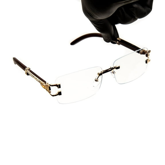 Small Retro Rimless Clear Lens Gold Frame Vintage Hip Hop Sunglasses Rectangle Men Women Frameless 90’s Shades Woodgrain Arm Buffs Frameless  Sun Glasses Fashion Square Clear Tinted Glasses