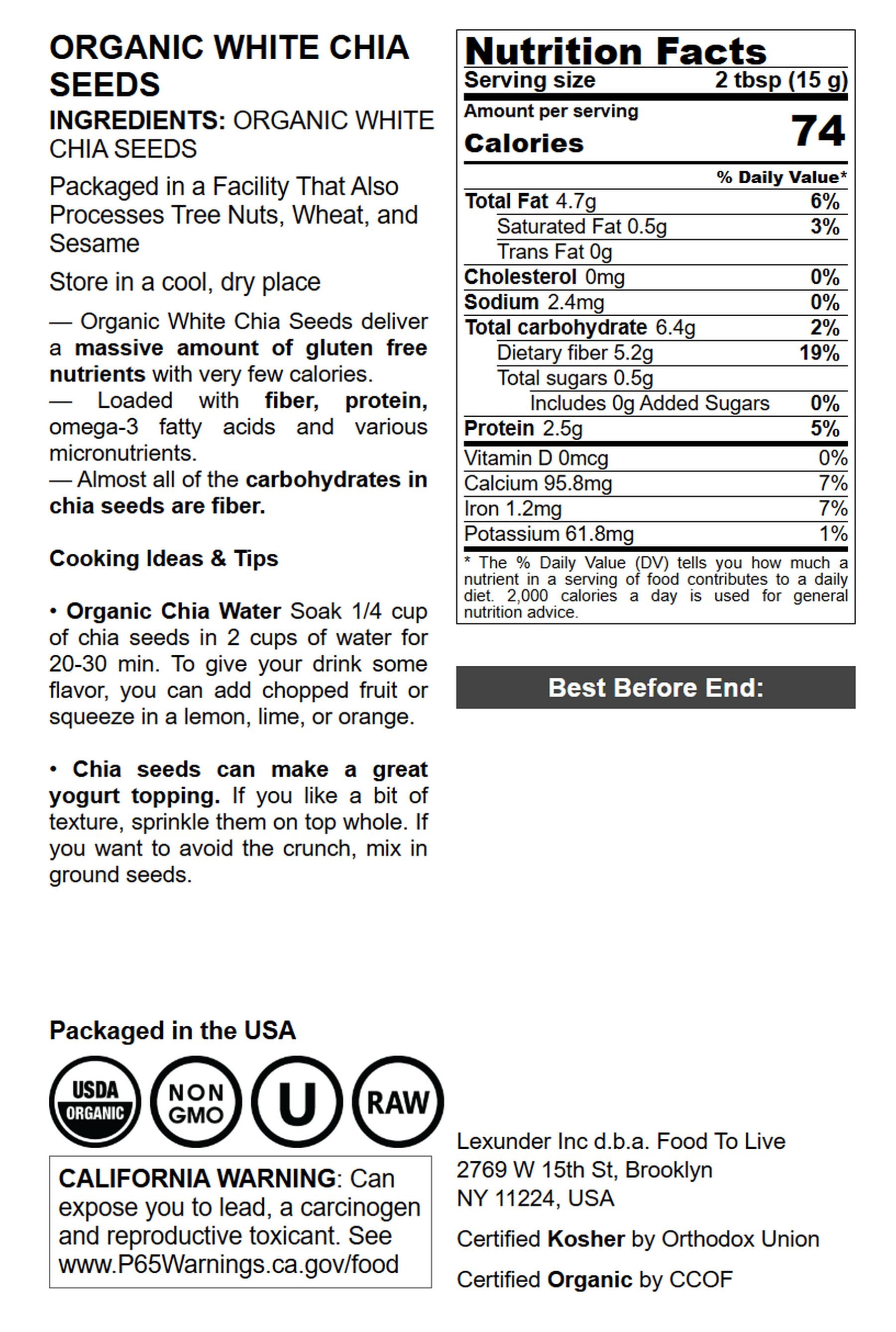 Organic White Chia Seeds, 15 Pounds — Non-GMO, Raw, Sirtfood – by Food to Live