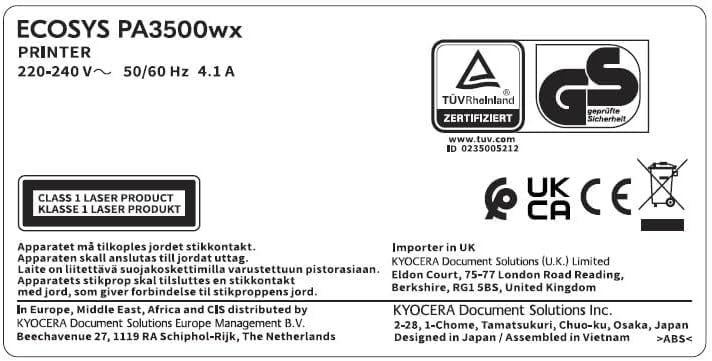 Kyocera ECOSYS PA3500wx A4 Monochrome Laser Duplex Wireless Printer - 37 ppm, Duplex, Network, 1200 DPI, 250-Sheet Tray