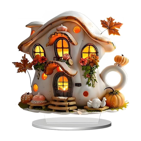 Light Up Halloween Acrylic House Decoration with Glowing Windows and Autumn Maple Leaves, 1 Piece, Pumpkin Cottage Design, for Living Room Table Display, Fall Home Decor