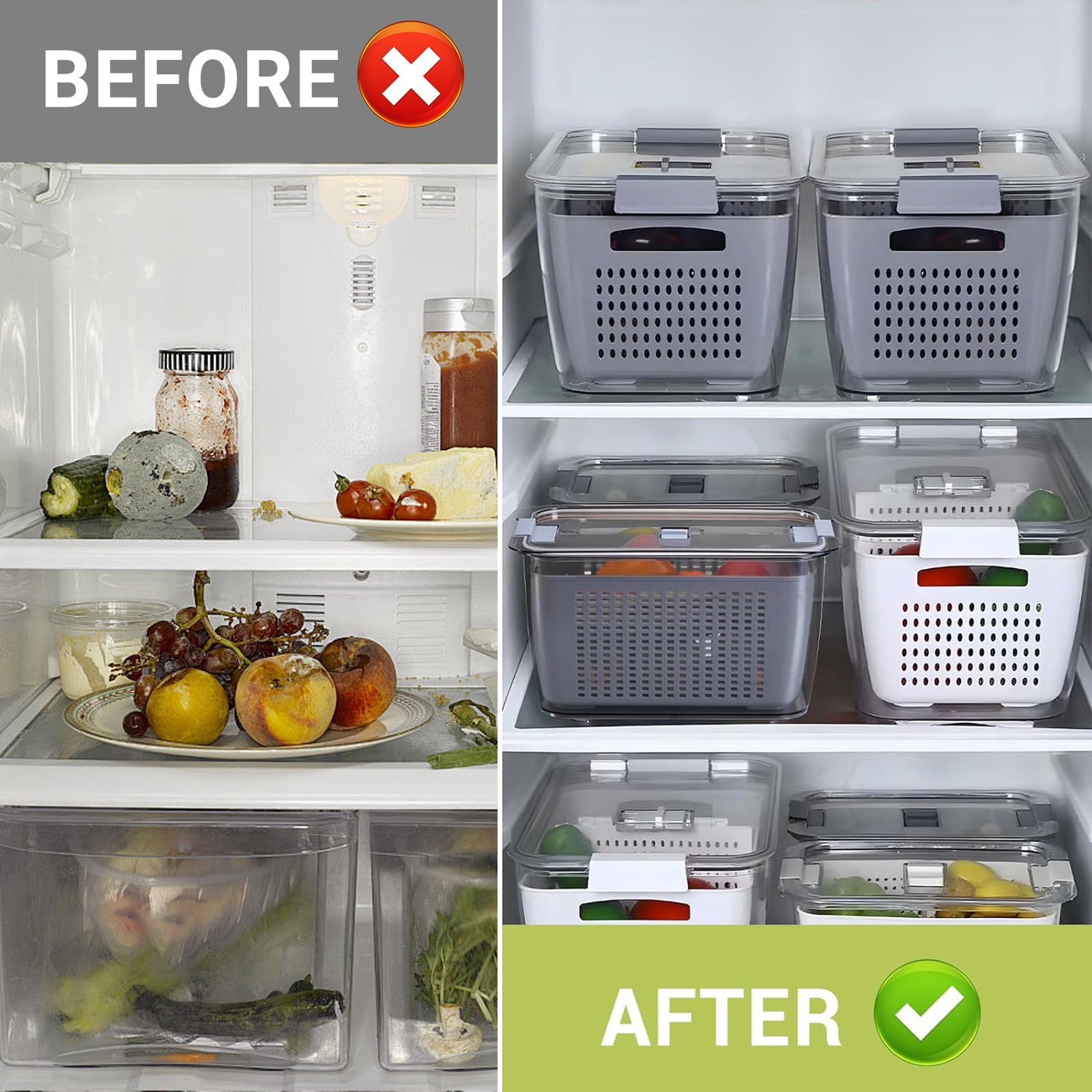 LUXEAR 4 Pack Vegetable Storage Containers for Fridge, Fruit Container with Lids &Removable Colander Large Fridge Organizer BPA-free for Fruit Vegetable, Berry, Meat Storage keep Fresh Longer Gray