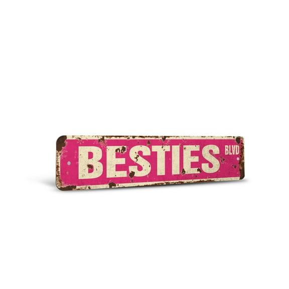 BESTIES Vintage Style Rustic Street Sign – Best Friends Buddies Friendship Amigos Retro Decorative Wall Sign for Home, Bar, Garage, or Outdoor Use | 4" X 18" Plastic Road Sign