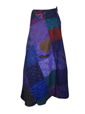 Mogul Women Blue Wrap Around Patchwork Skirt Ethnic Cotton Long Skirts One Size