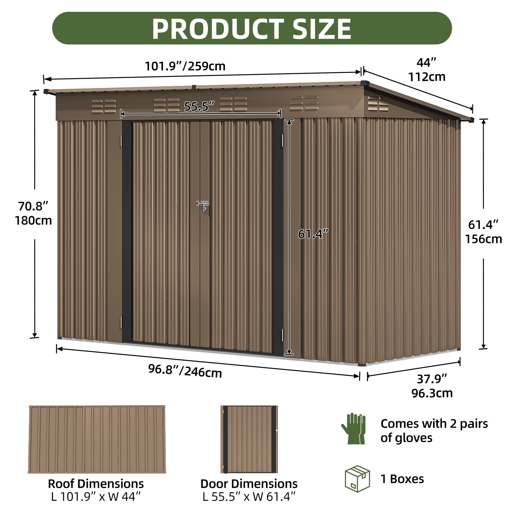 Uforic 9x4ft Metal Outdoor Storage Shed, Heavy Duty Lockable Tool Shed with Vents, for Backyard Patio Lawn Bike Lawn Mower Garden Tools, Brown