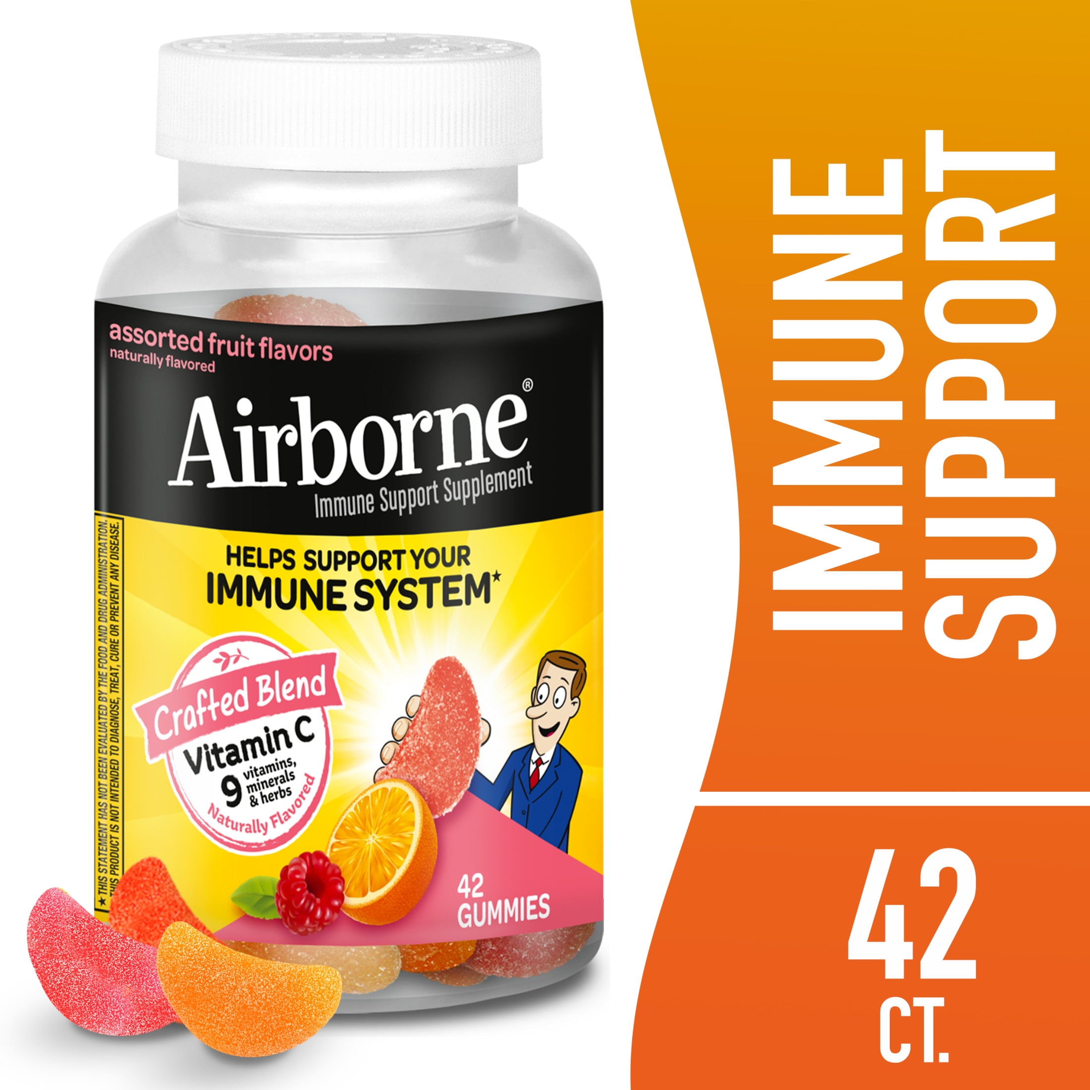 (2 pack) Airborne 750mg Vitamin C Immune Support Gummies, Multivitamin Supplement, Assorted Fruit Flavor, 42 ct